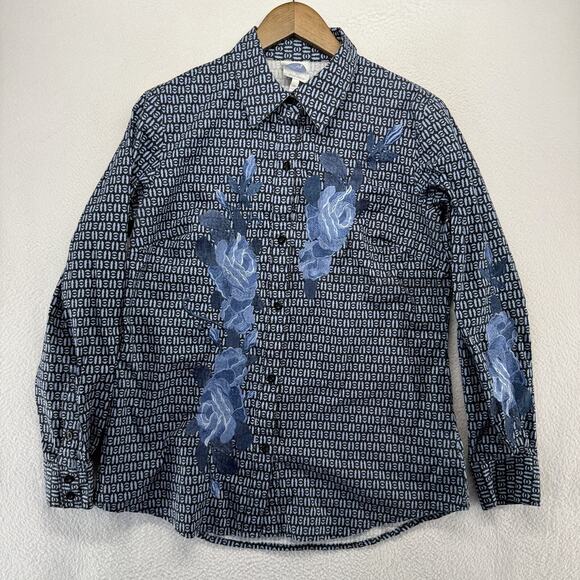 Diane Gilman Women's Medium Blue Floral Embroidered Stitched Geometric Vintage - Picture 1 of 11